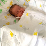 newborn baby muslin swddle aussie australia yellow cockatoo
