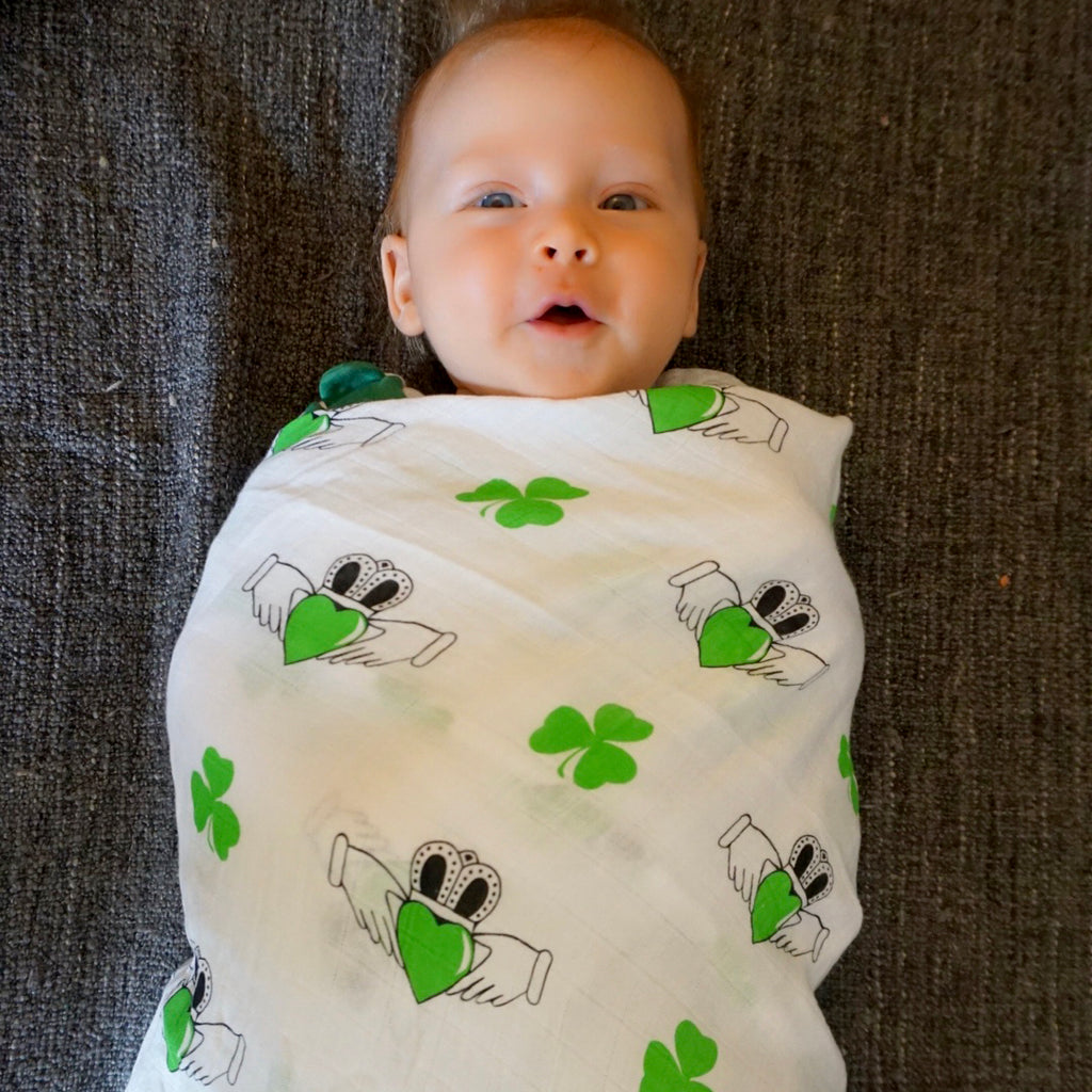 The Irish Charm Shamrock & Claddagh Baby Muslin Swaddle Proud Baby