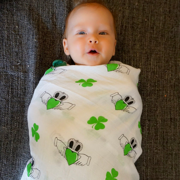 The Irish Charm Shamrock & Claddagh Baby Muslin Swaddle Proud Baby